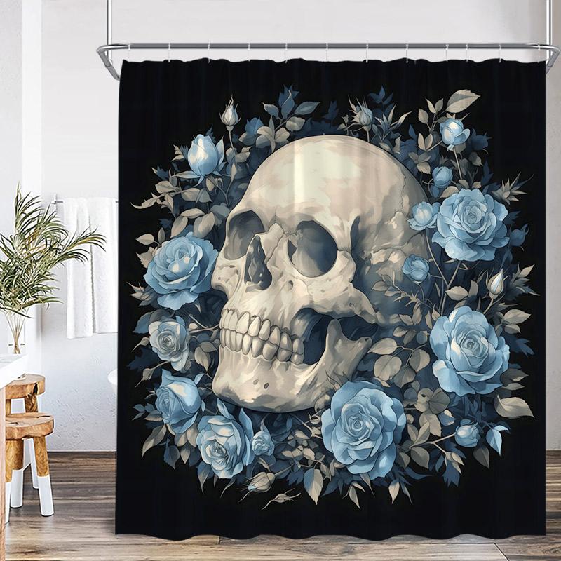 Floral Skull Shower Curtain Blue White Flowers Skeleton Horror Halloween Bath Curtains Polyester Black Bathroom Decor with Hooks