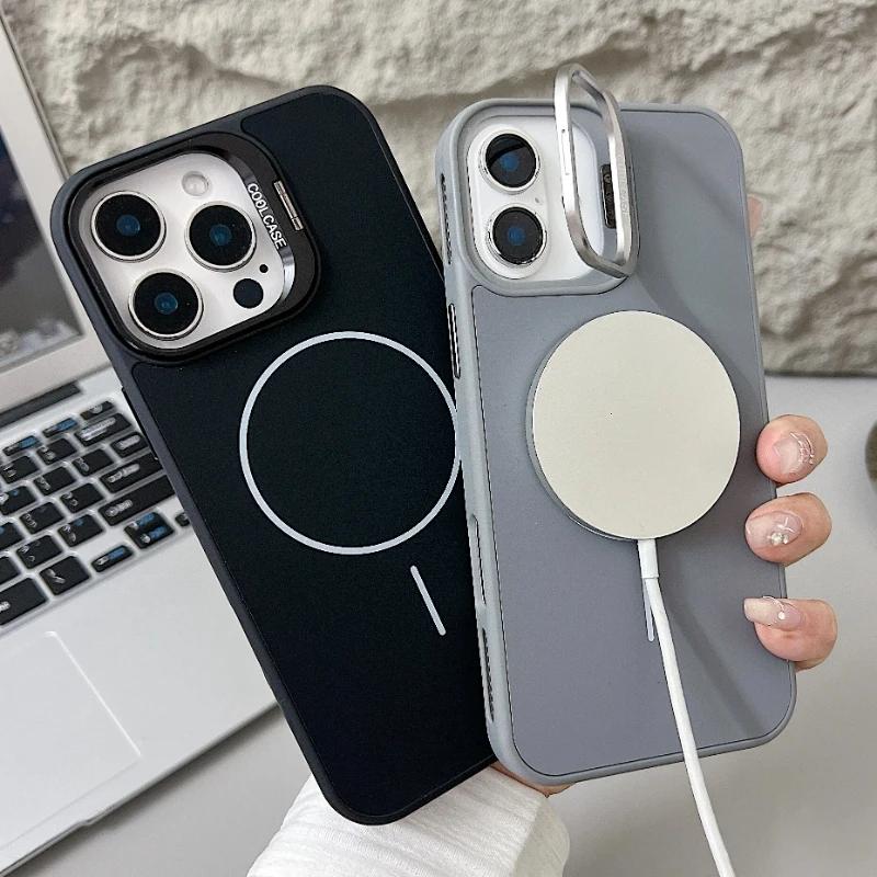 Trendy Silicone Magnetic Lens Stand Case for iPhone 16 15 14 11 12 13 Pro Max Plus MagSafe Compatible Shockproof Protective Case