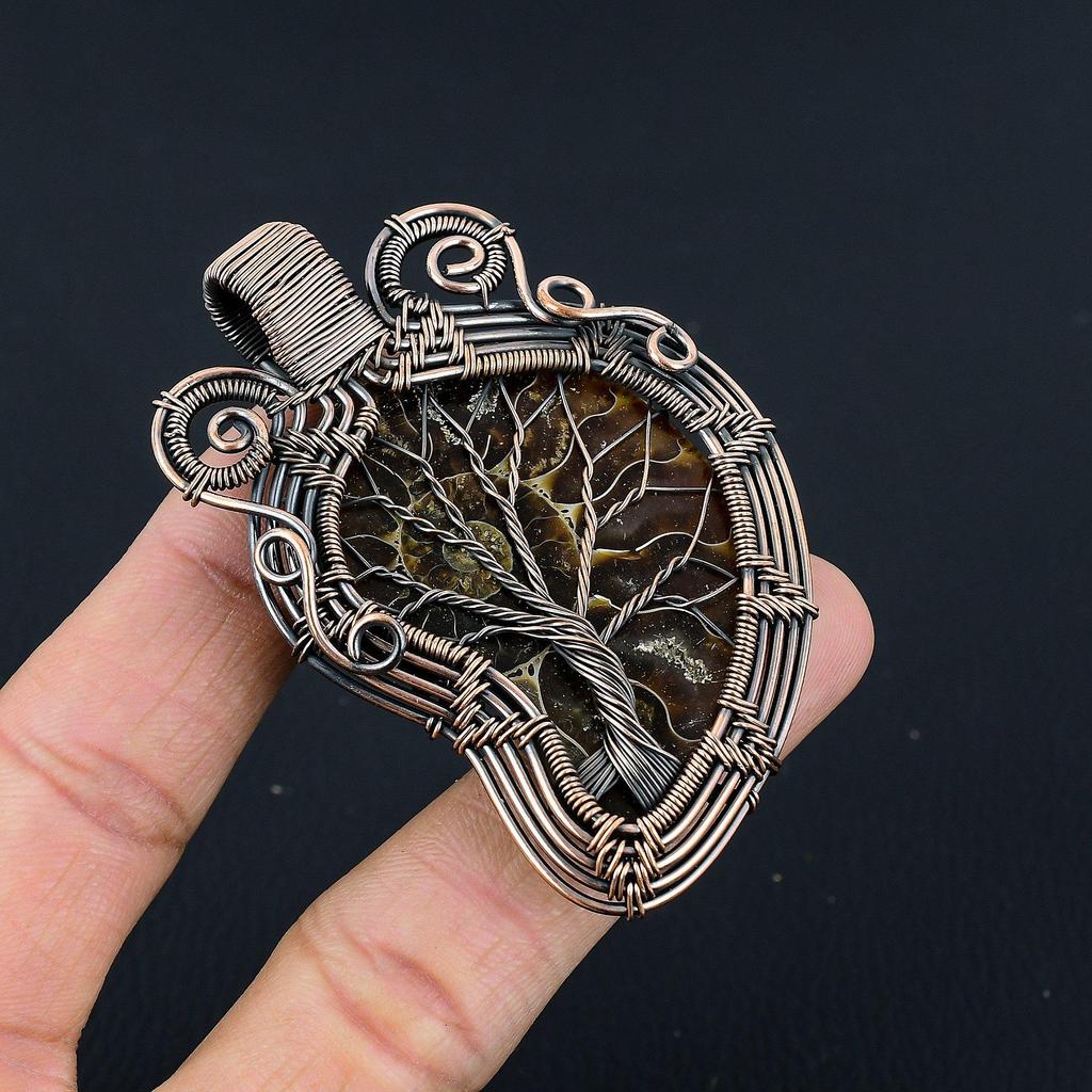 Pingente Fóssil de Amonite Embrulhado em Fio de Cobre 999, Pingente de Joia de Pedra Preciosa Feito à Mão para o Dia Memorial