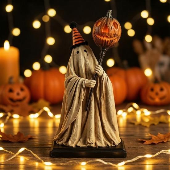 Halloween Theme Haunted House Decor Lighted Ghost Figurine with Remote Control, Vintage Resin Statue Luminous Pumpkin Indoor Festive Display Ornament