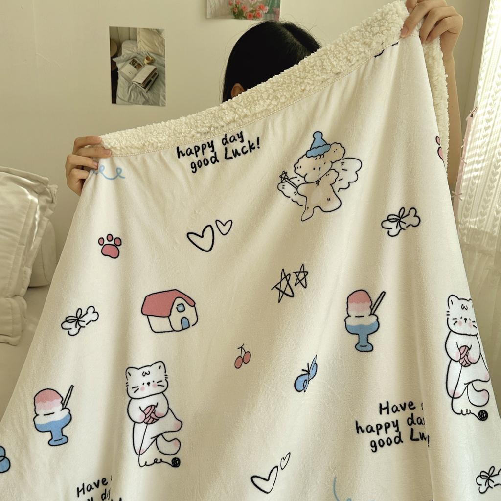 Cartoon Puppy Faux Lambs Wool Blanket Double Layer Thick Warm Fleece Throw Blanket for Sofa Bed Spring Autumn Soft Plush Blanket