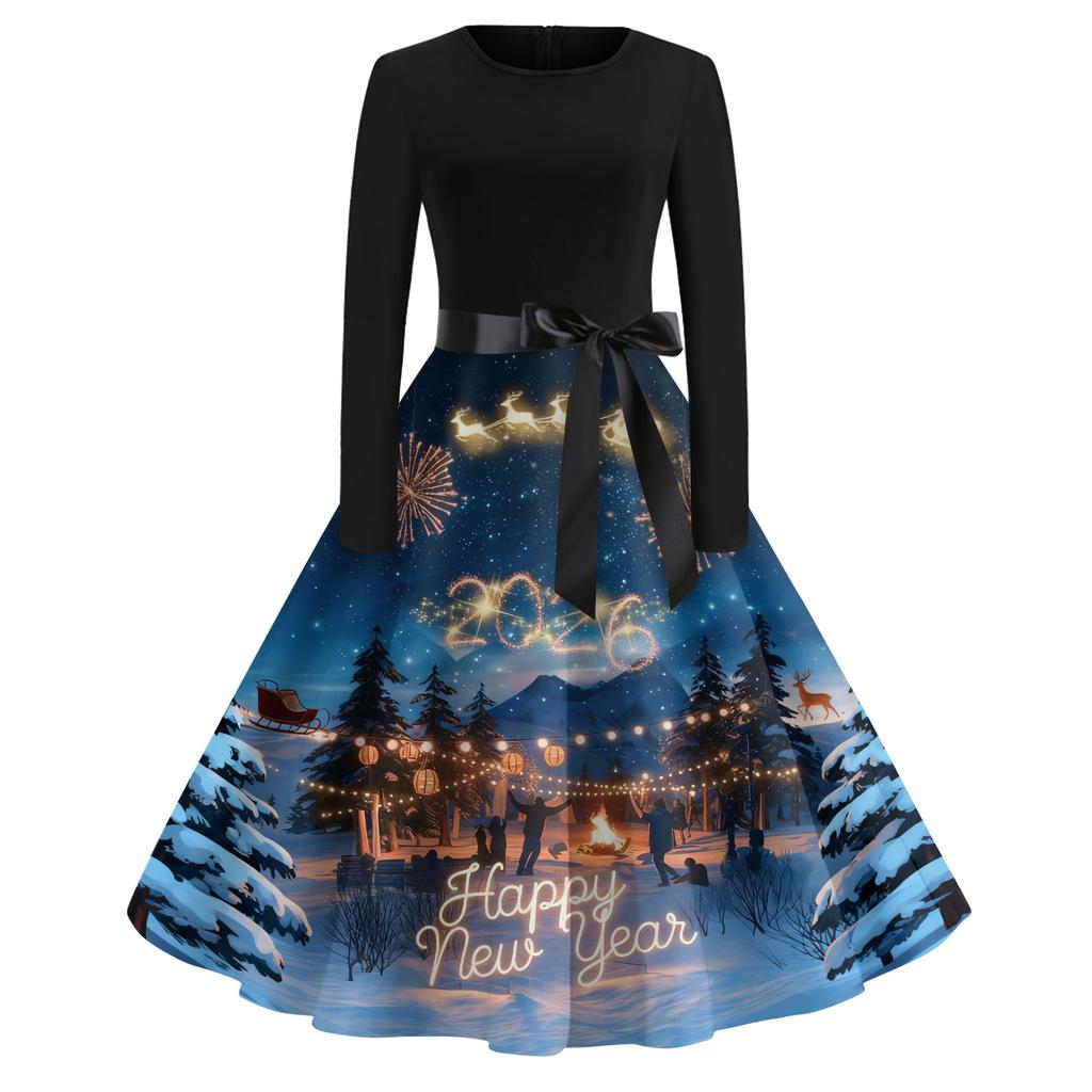 Women's Casual Fashion Round Neck Long Sleeve New Year Printed Retro Dress