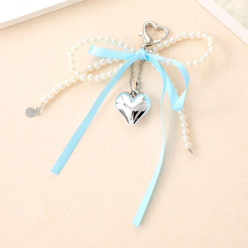 Elegant Pearls Bows Bag Pendant Practical Keychain Heart Shape Phone Ornament Keyring for Purse Handbag Decoration