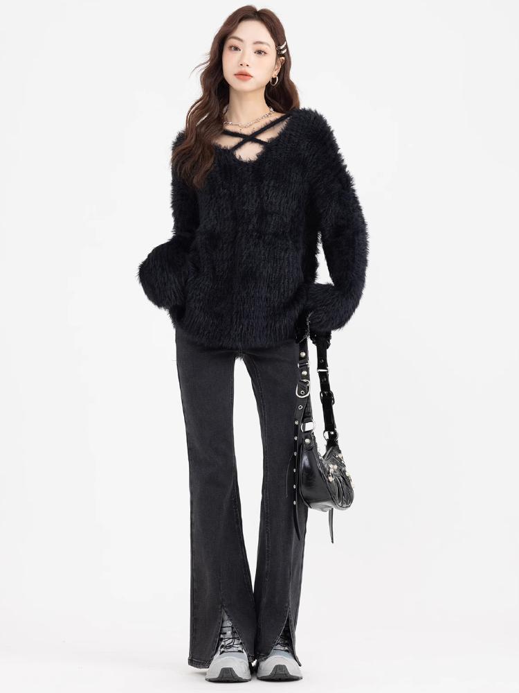 Zimowy sweter z dekoltem w serek dla kobiet Delikatne paski Luźny Słodki Leniwy Styl Pulower Dzianina Irregularny Japoński Styl Moda Dzianinowy Top