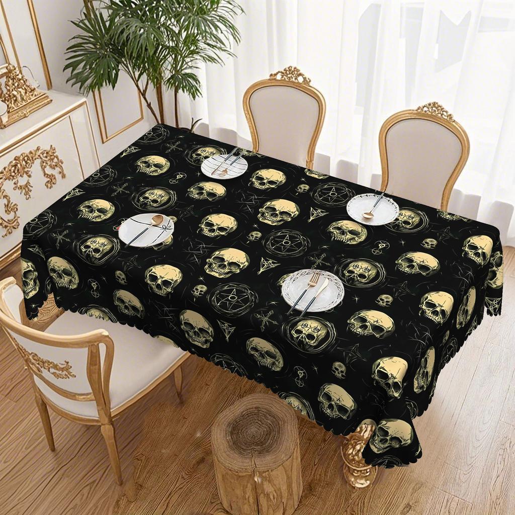 1 Gothic Skull Tablecloth - Vintage Black Polyester Fabric, Complex Skull Pattern Fits Long Round Tables