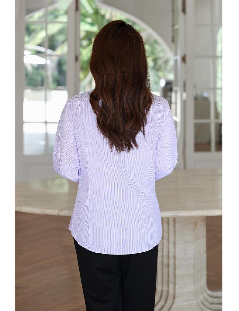 Women's Plus Size V-Neck Purple & White Striped Short-Sleeve Shirt - Slimming, Professional, Formal, Extra Large, Spring/Summer