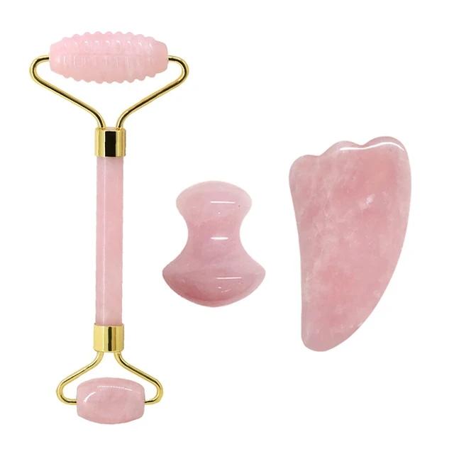 Natural Jade Stone Rose Quartz Jade Roller Gua Sha Facial Massager Set Gouache Scraper Body Wrinkle Remover Beauty Tools