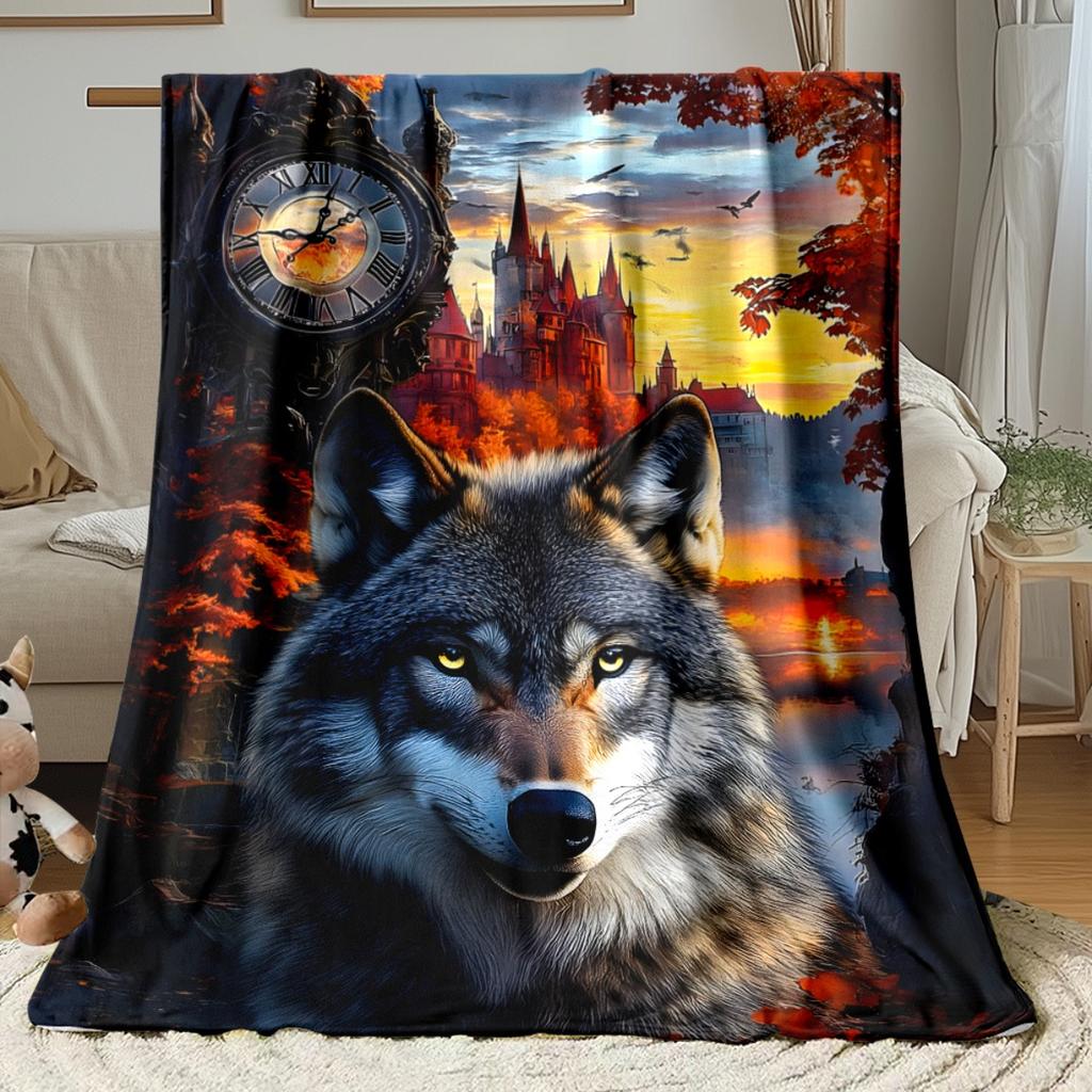 Wolf Castle Sunset Clock Fantasy Landscape Flannel Blanket Gothic Art Throw Blanket Halloween Decor Cozy Bed Cover MythicalTheme