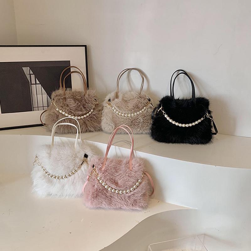 Hairy Handbag Pearl Chain Plush Small Square Bag For Women Fashion Elegant Shoulder Crossbody Bag Autumn Winter Versatile Totes