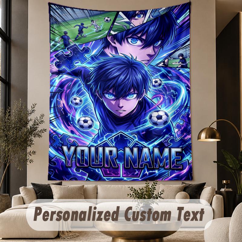Custom Text Printed Tapestry Blue Lock Pattern Large Wall Hanging Indoor Room Decor