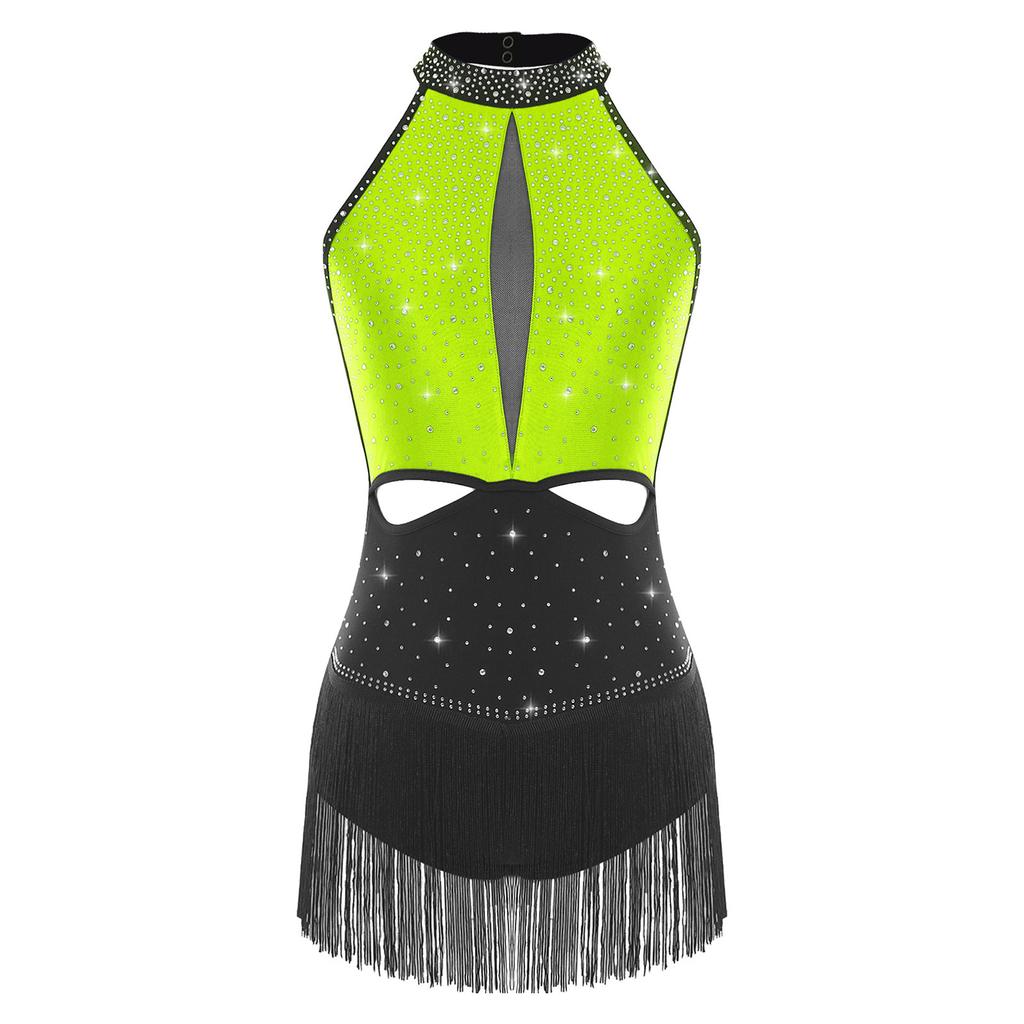 Dámský latinsko-jazzový taneční dres po celém povrchu s kamínky, třásňovou sukní, bez zad, kontrastní barvy, body