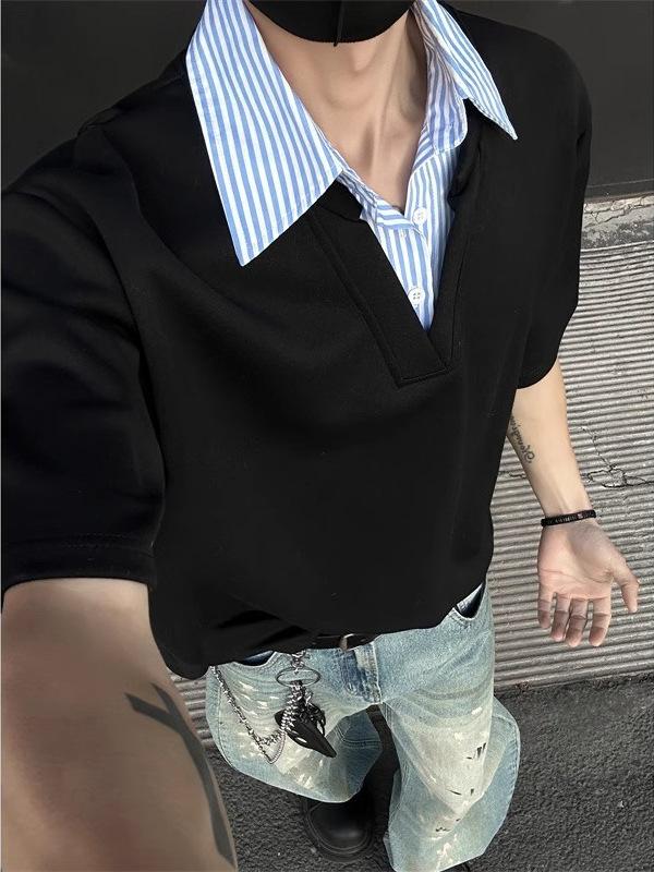 Men's Casual Layered Look Shirt Collar Short Sleeve Tee Summer New Style Loose Fit Designer Top