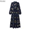 ZANZEA Women Lantern Sleeve Stand Collar Belted Waist Floral Print Pleated Hem Casual Holiday Long Dress