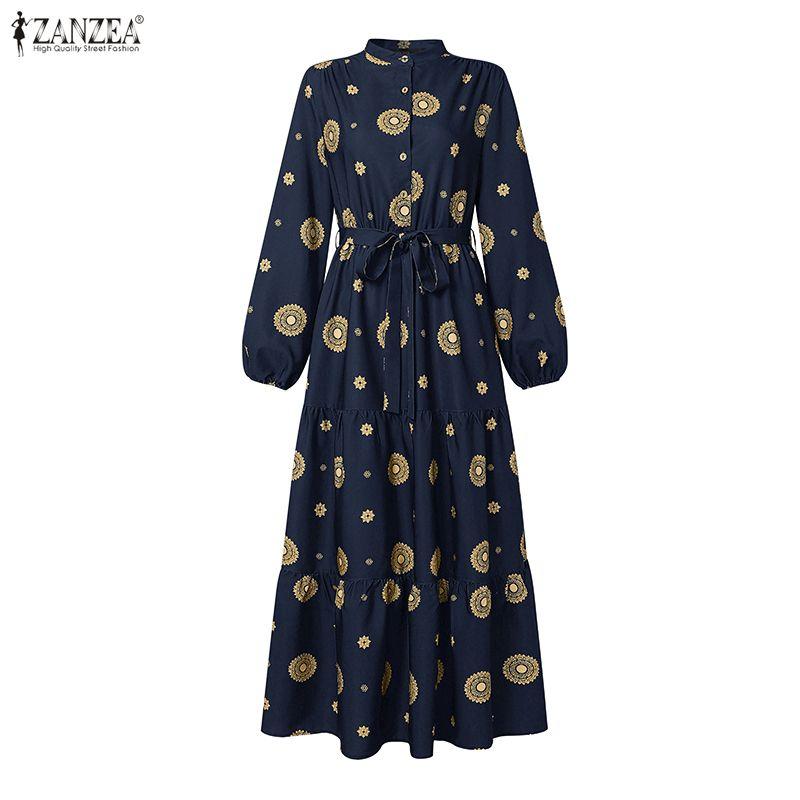 ZANZEA Women Lantern Sleeve Stand Collar Belted Waist Floral Print Pleated Hem Casual Holiday Long Dress