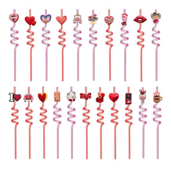 2Pcs Colorful Spiral Straws Creative Drinking Straws with Heart Lip Cake Charm Romantic Pink