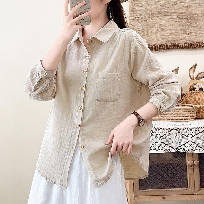 New spring and autumn pure cotton double-layer cotton yarn long-sleeved shirt women's loose and thin temperament casual literary and retro style shirt
