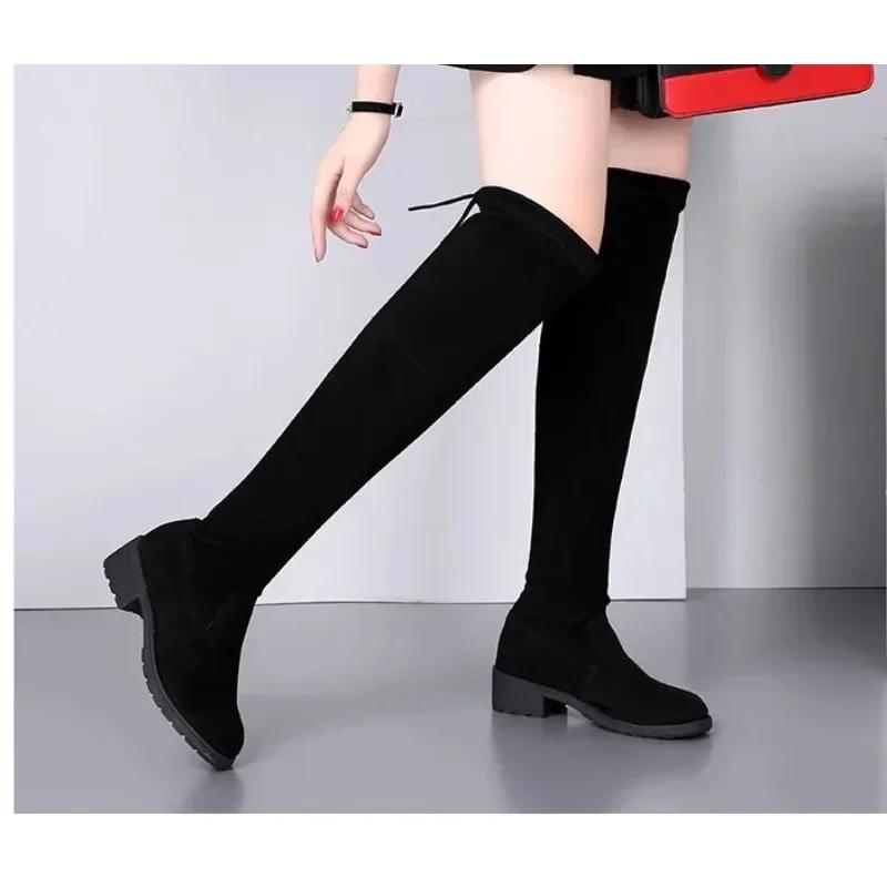 Women Boots Winter Black Over The Knee Boots  New Comfort Lace Up Chunky High Heels Shoes Fashion Warm Suede Round Toe Boots