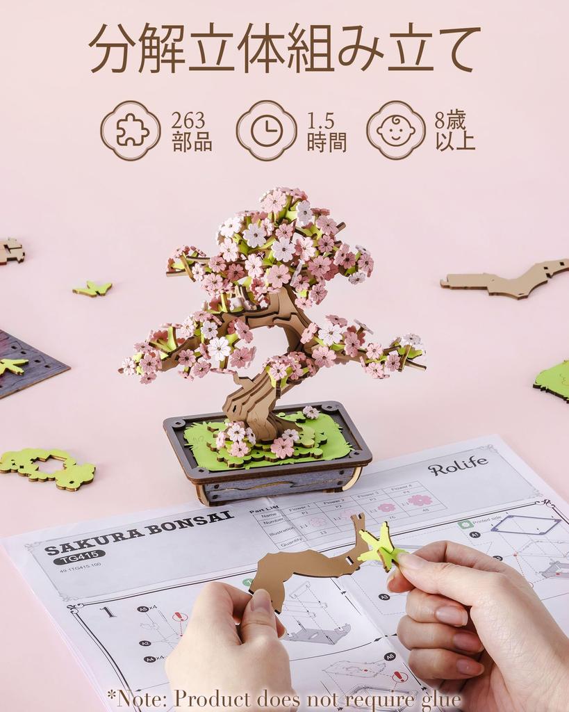 ROBOTIME 3D Wooden Cherry Blossom Bonsai and Evergreen Pine Assembly Kit for DIY Plant Architectural Junior High School Educational Birthday Gift