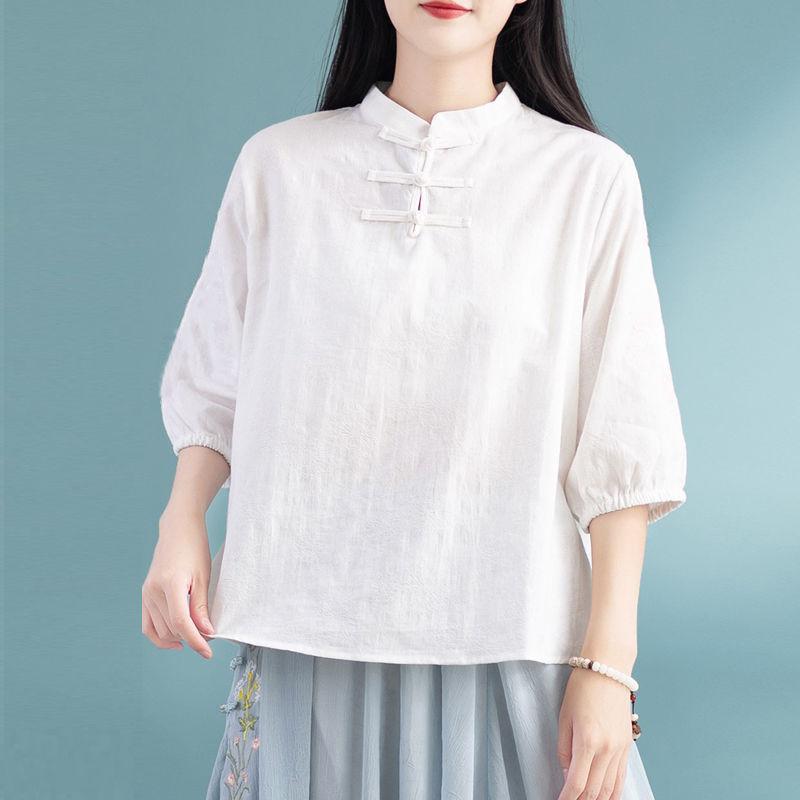 

Spot summer new cotton and linen disc buckle loose top Chinese retro literary casual tea clothes five-point shirt M белый