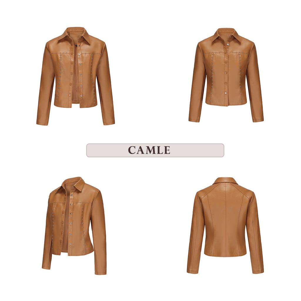 BITCED Women's Spring/Autumn Studded Leather Jacket Cardigan Button-Up Leather Clothing Fashionable Lightweight Outerwear