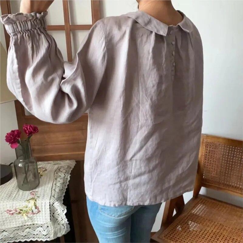 Johnature Ohrnovací límec Ležérní Dámské halenky Jaro Léto Vintage Lněné Volné Knoflíky Jednoduché Dámské košile Topy