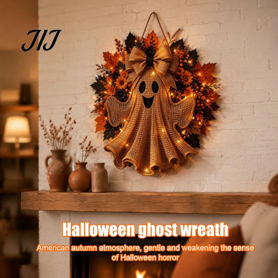 Dekorativní věnec na krb Rustikální Halloween Duch Přední dveře, Statek Juta Závěsný na dveře s Javorovými listy, Slunečnice Veranda Stěna Vnitřní