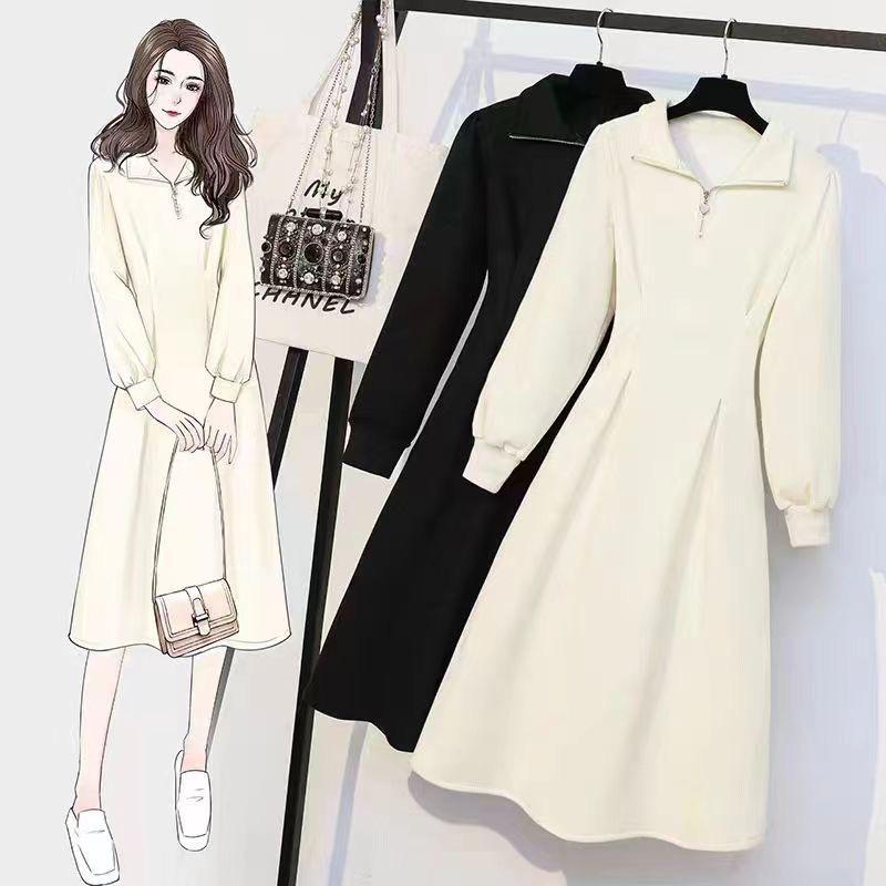 Dámské nadměrné pletené šaty na zip v korejském stylu - Hrubý samet, Jednobarevné, Ležérní podzimní/zimní dlouhá sukně