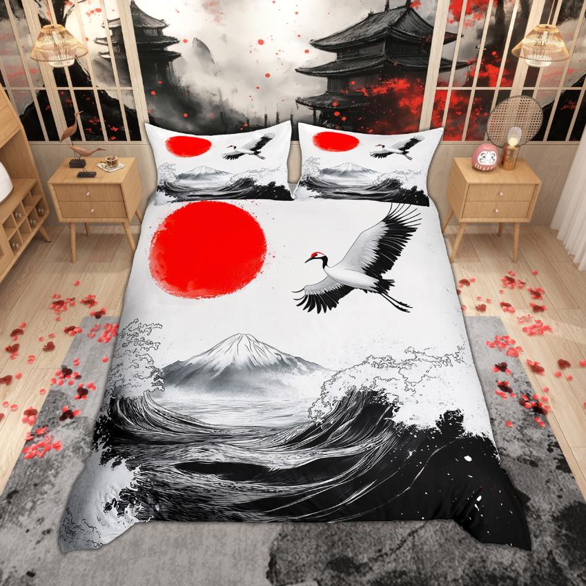 Homewish Japonský styl povlak na přikrývku Sada povlaků na polštář Tradiční Ukiyo-e sada povlečení Vintage sada povlaků na přikrývku s motivem mořské vlny