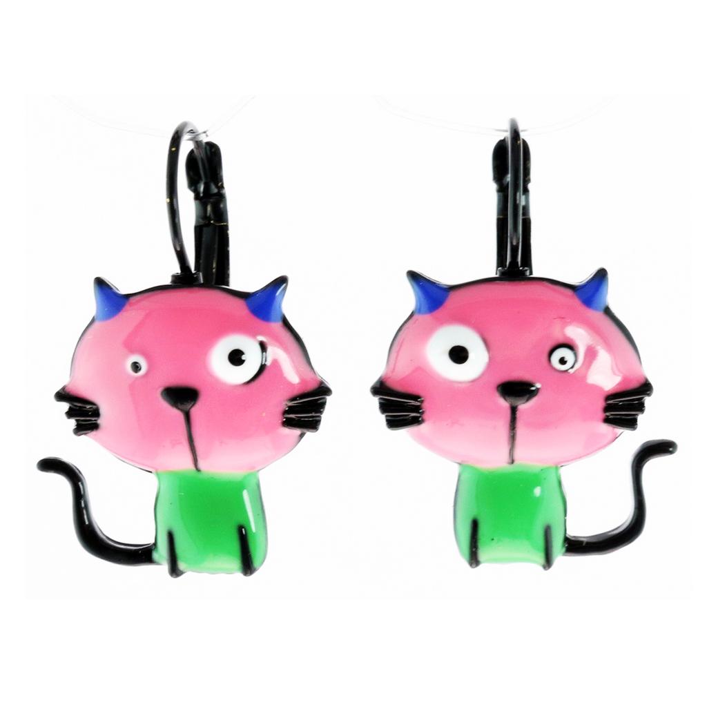 Les Trésors De Lily [R6087] - Dormeuses créateur 'Lilipoupettes' (chat) rose vert - 20x20 mm