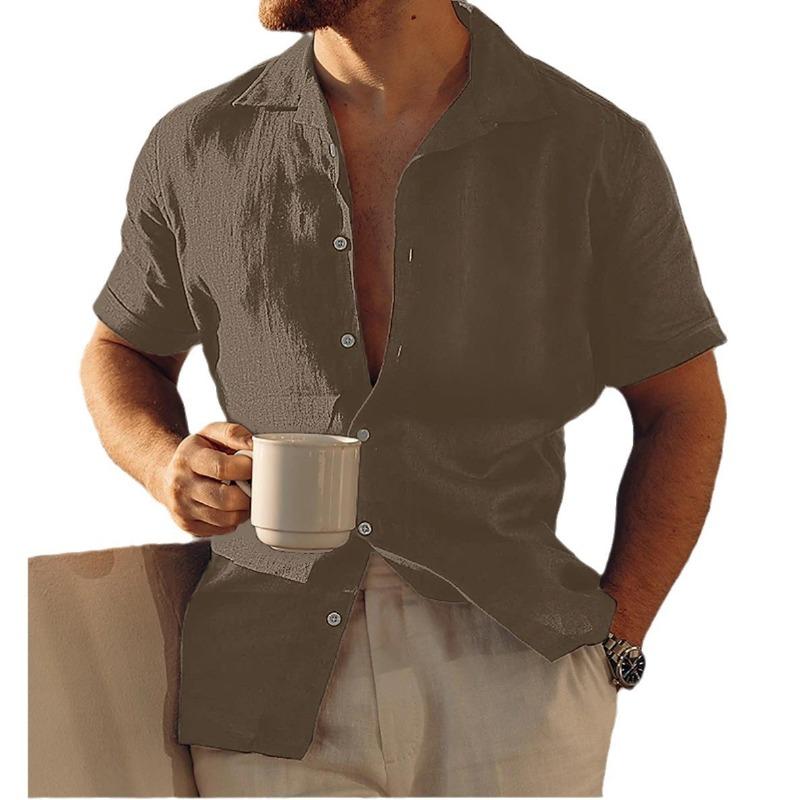 Men's Cross-Border Linen Button Casual Shirt Summer Beach Shirt Short Sleeve Plain Lapel Casual