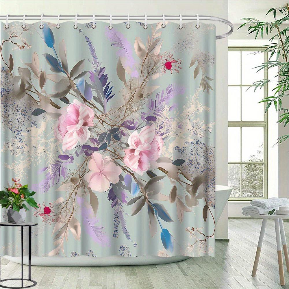 1pc Floral Pattern Shower Curtain Bathroom Decoration Polyester Fabric Contains 12 Hooks