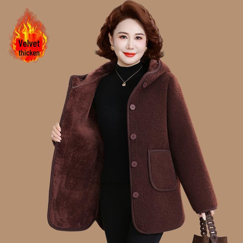 Mom's Fashionable Winter Hooded Fleece Lined Cotton Jacket for Middle-Aged & Elderly Women