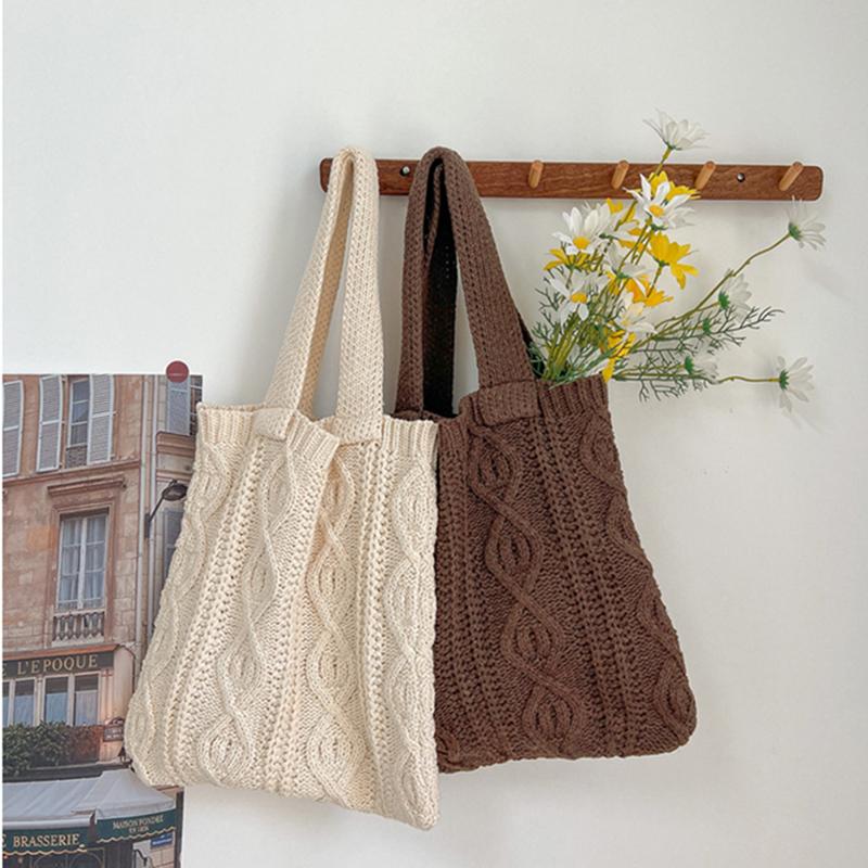 Yogodlns Women Hollow Out Knitted Tote Handbag Solid Color Top Handle Woven Beach Lightweight Elegant Portable Crochet Shoulder Bag