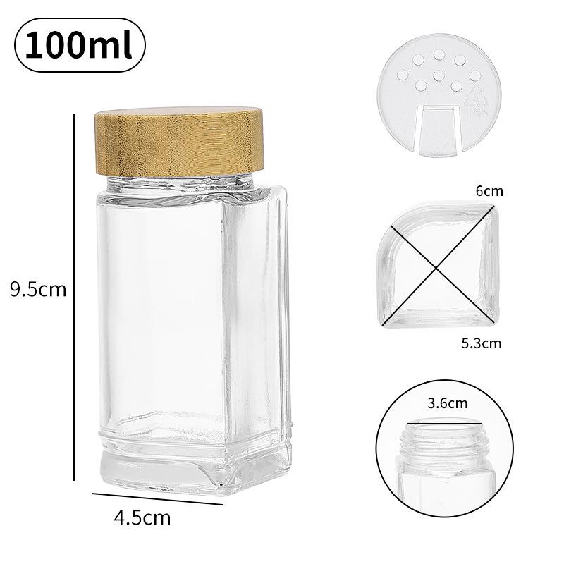 Acacia Wood Glass Seasoning Bottle Set - Pepper, Salt, Spices - 4-Piece Square Sprinkler Jars