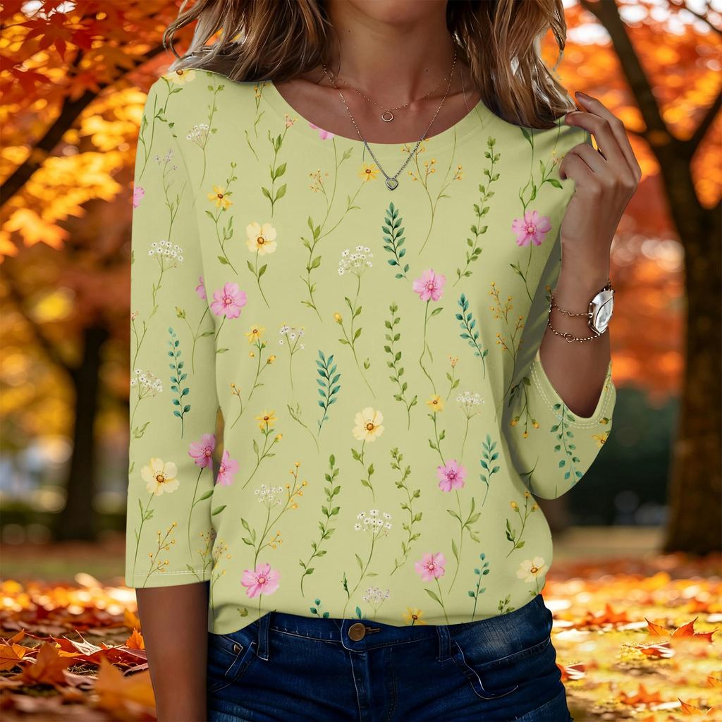 Top da donna casual alla moda a maniche a tre quarti con stampa floreale e girocollo