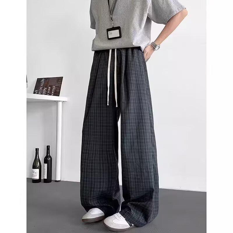Commuter Retro Contrasting Color Plaid Casual Pants Men's Trendy Brand Lazy Loose Wide-leg Versatile New Elastic Waist Trousers