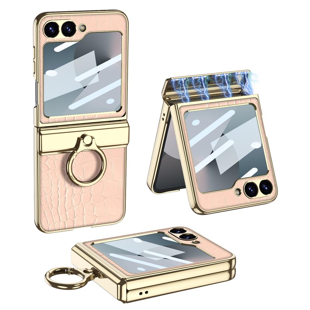 Luxury Plating Leather Case for Samsung Galaxy Z Flip 7 6 Magnetic All-included Hinge Ring Holder Cover for Galaxy Z Flip 5 Case