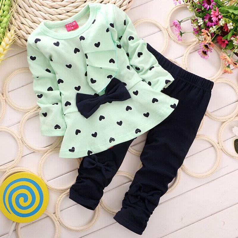 Joliannss Baby Clothing Sets Heart-shaped Print Bow Cute 2PCS Kids Set T Shirt + Pants