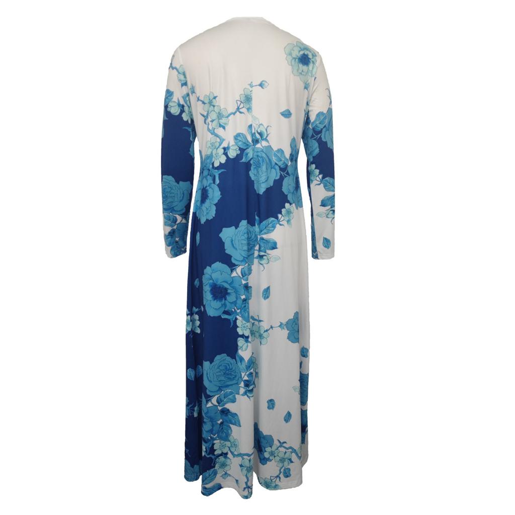 Women's Long Sleeve Round Neck Printed Pocket Long Elegant Dress