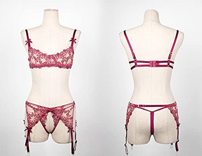 [millarouge] Sexy Lingerie Set – Sheer Lace Triangle Bra, Garter Belt, and T-Back Panties, Open Bust Bra & Open Crotch, Women's 3-Piece Set (Red)