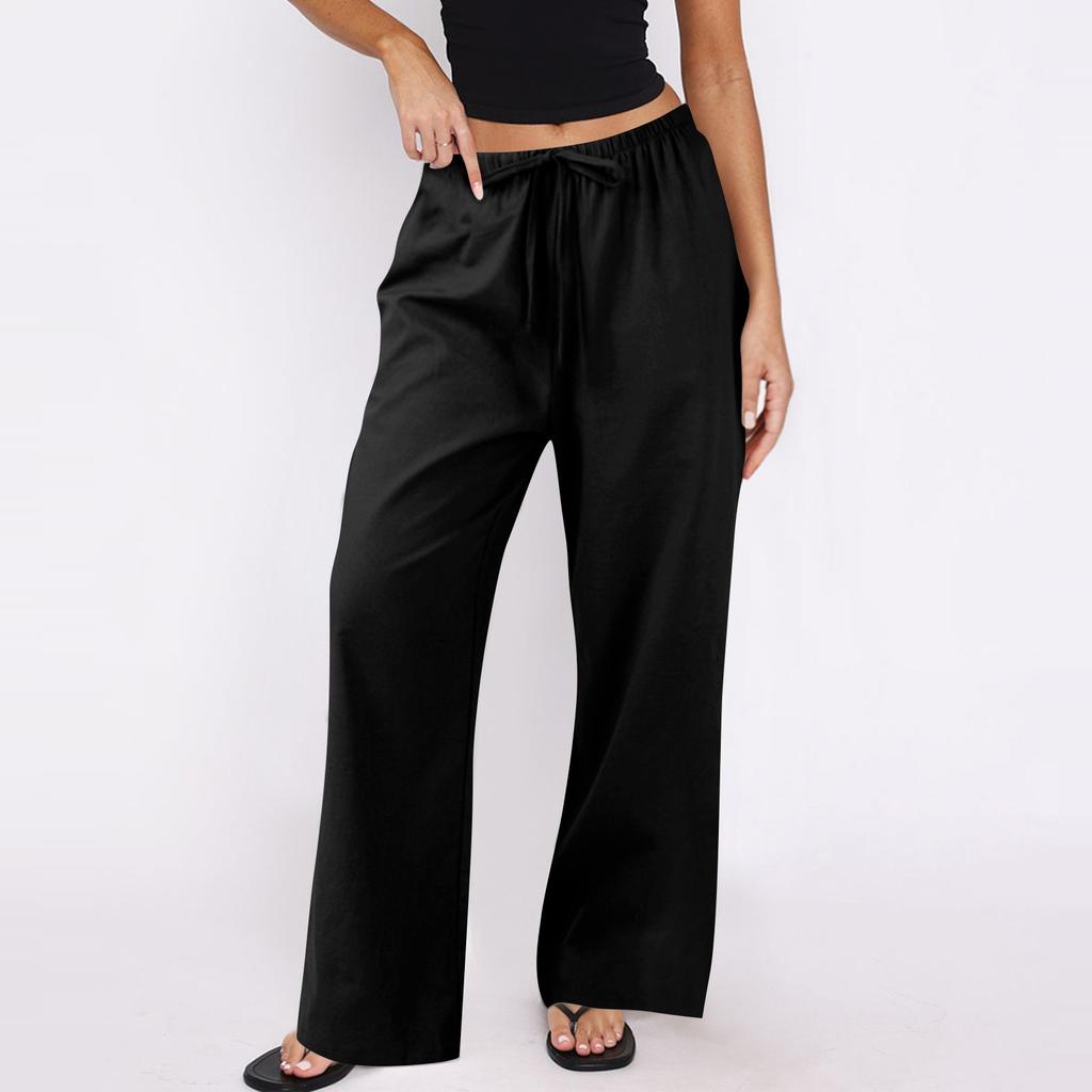 Women's Cotton And Linen Casual Summer Straight Wide Leg Loose Drawstring Elastic Waistband Pocket Trousers