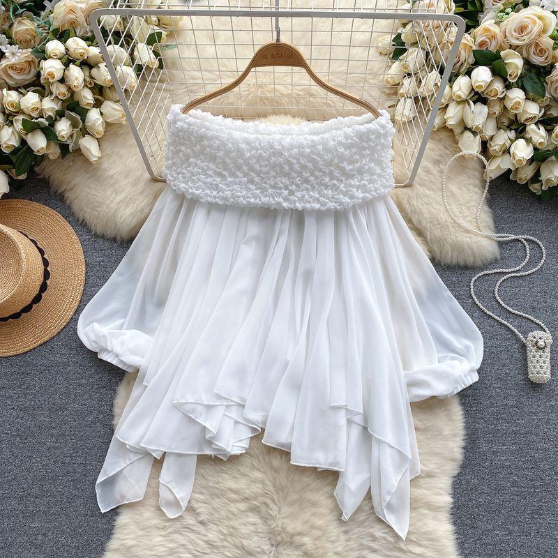 Fairy Top Super Fairy Sweet Heavy Industry Ruched off-Shoulder off-Shoulder Pure French Style Puff Sleeves Asymmetrical Chiffon Shirt