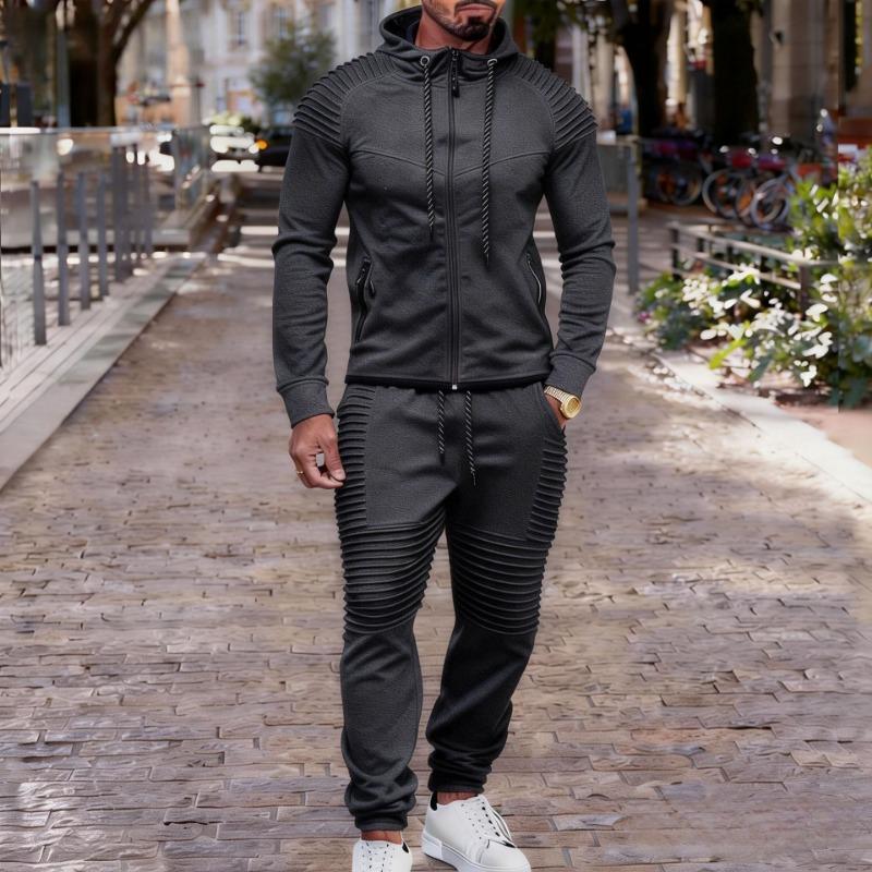 Mens 2 Piece Pleated Hoodie and Joggers Tracksuit Set M серый
