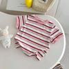 Girls Clothes Summer New Top 1-5 Years Children Pink Striped Round Neck T-shirt Fashion Casual Short Sleeve Color Blocked