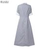 ZANZEA Women Casual Turn Down Collar Summer Short Sleeve Stripe Dress