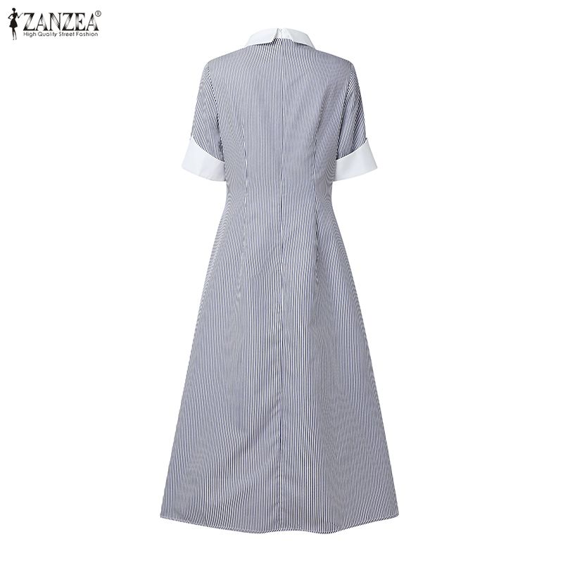 ZANZEA Women Casual Turn Down Collar Summer Short Sleeve Stripe Dress