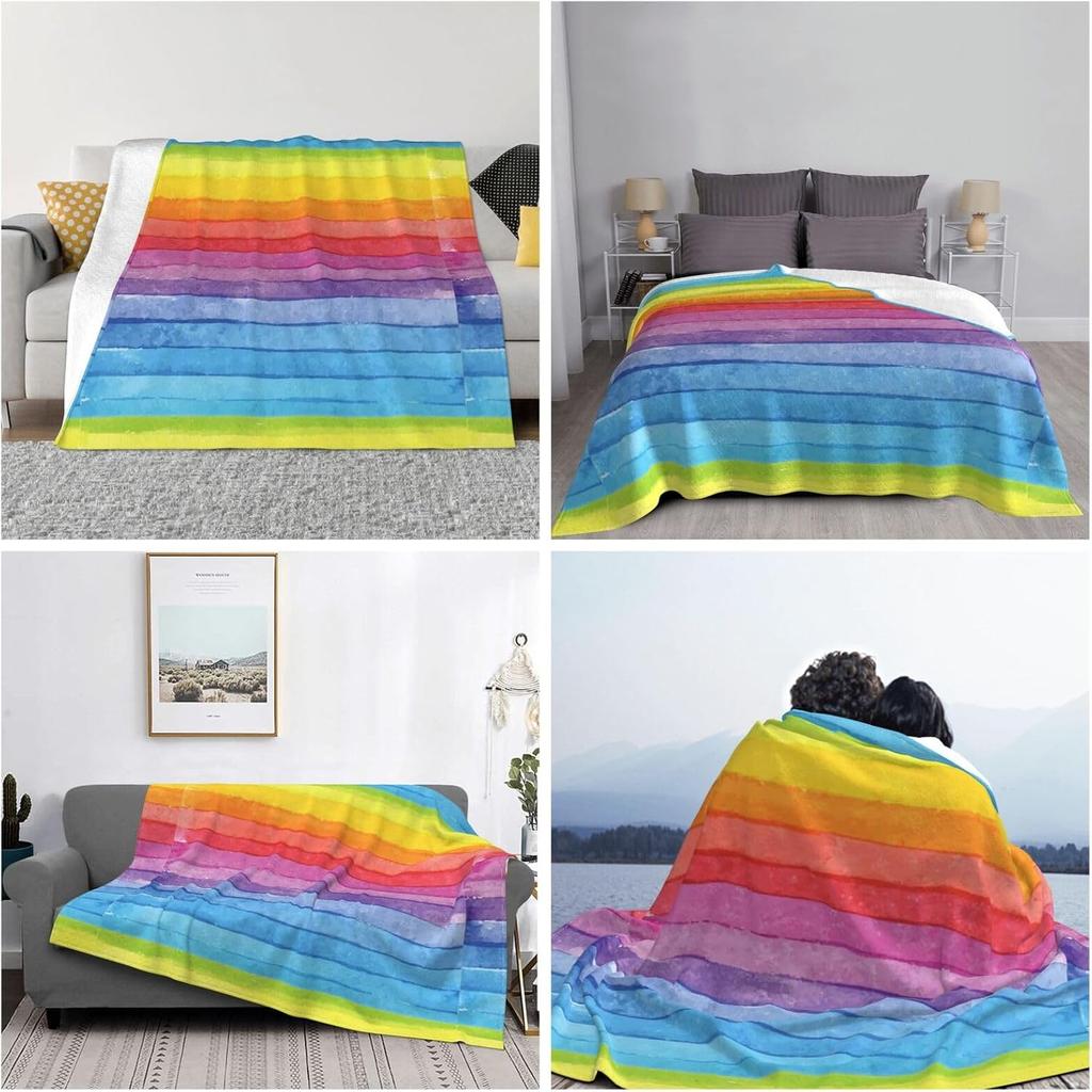 Watercolor Rainbow Stripe Print Flannel Blanket Bright Gradient Soft Warm Throw Blanket Sofa Bed Modern Home Decor Gift