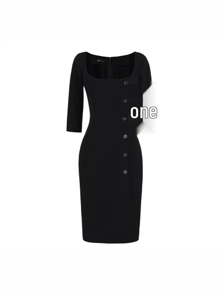 Women's Gray Seven-Sleeve Waist-Cinched Elegant Square Neck Slim Fit Retro Dress for Spring/Summer