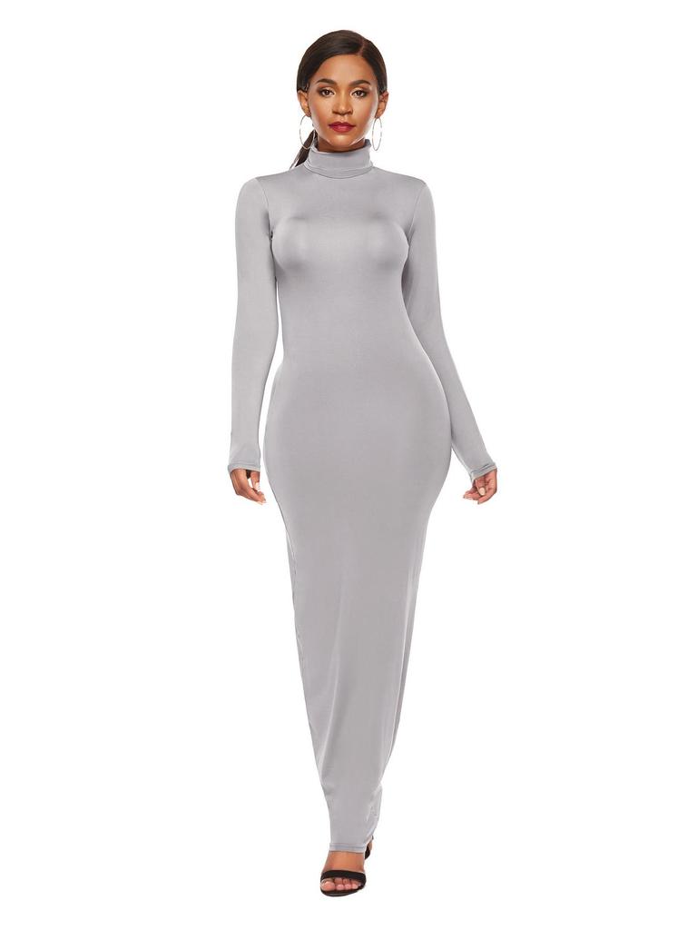 Elastic High-Neck Long-Sleeve Maxi Dress