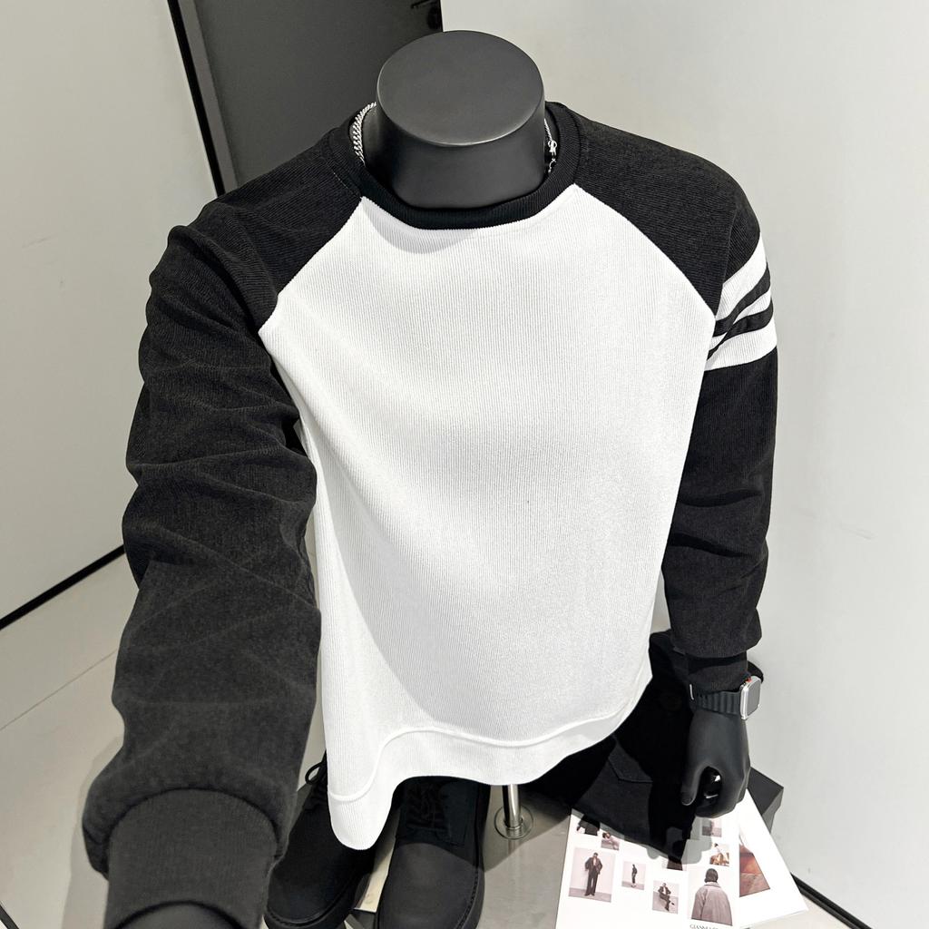 Pullover bottoming shirt men's 2025 fashion color matching crew neck sweater men's versatile striped knitted sweater